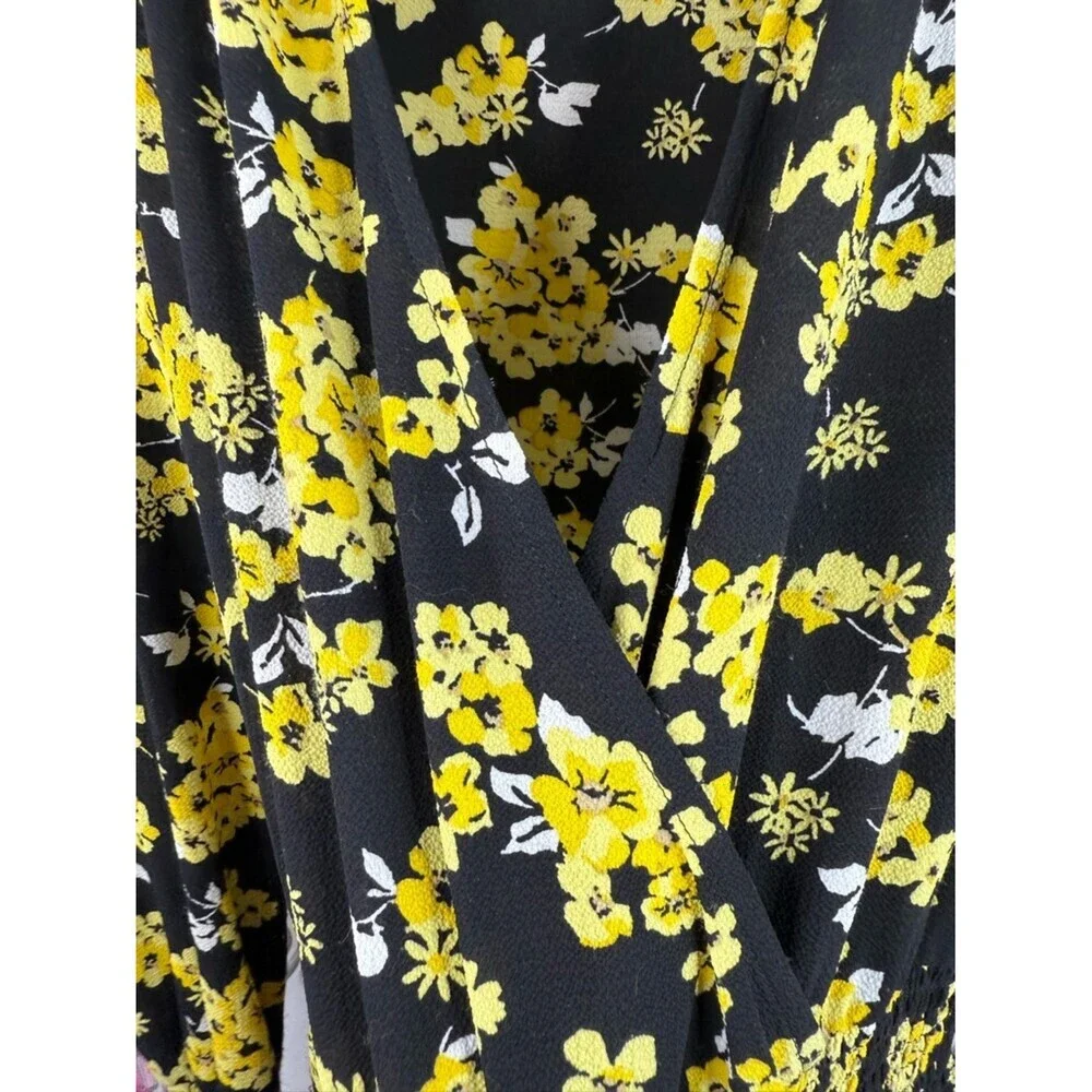 Michael Kors dress flowers V neck flowy Black Dress with Yellow Floral Print